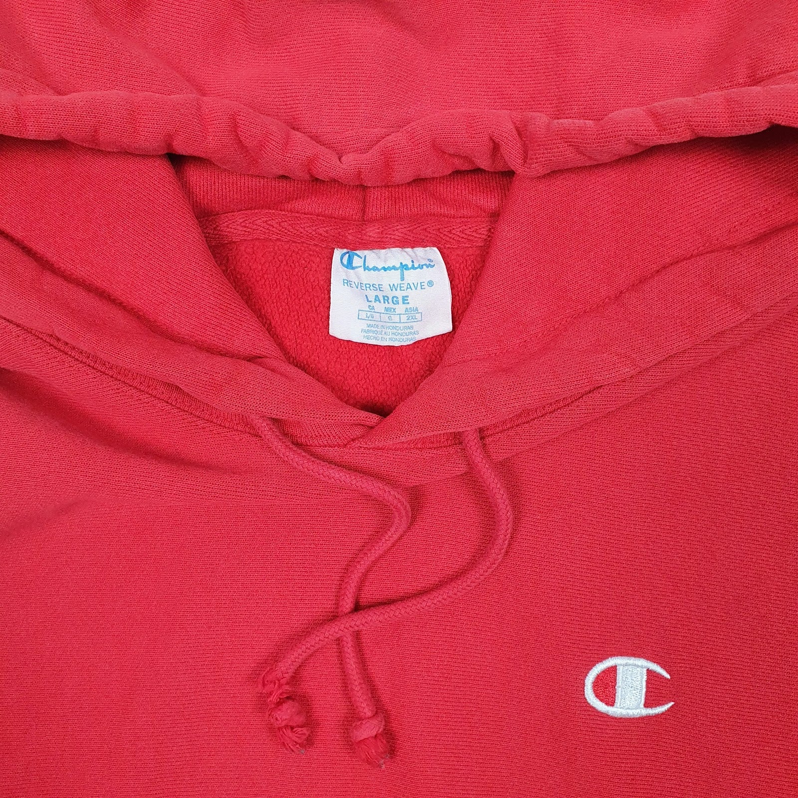 Mens Red Champion Reverse Weave Hoodie Jumper