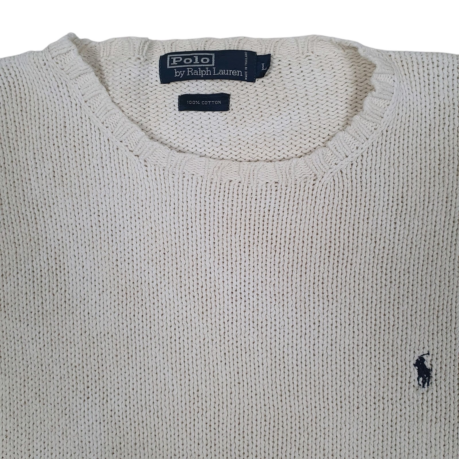 Mens White Polo Ralph Lauren Distressed Chunky Knit Crewneck Jumper
