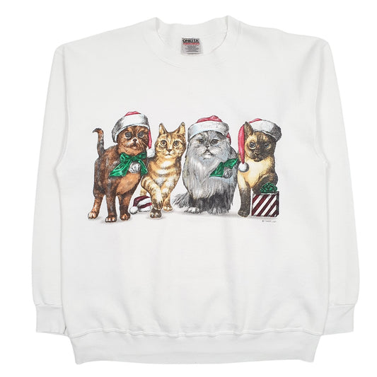 Mens White Oneita Graphic Vintage Christmas Crewneck Jumper
