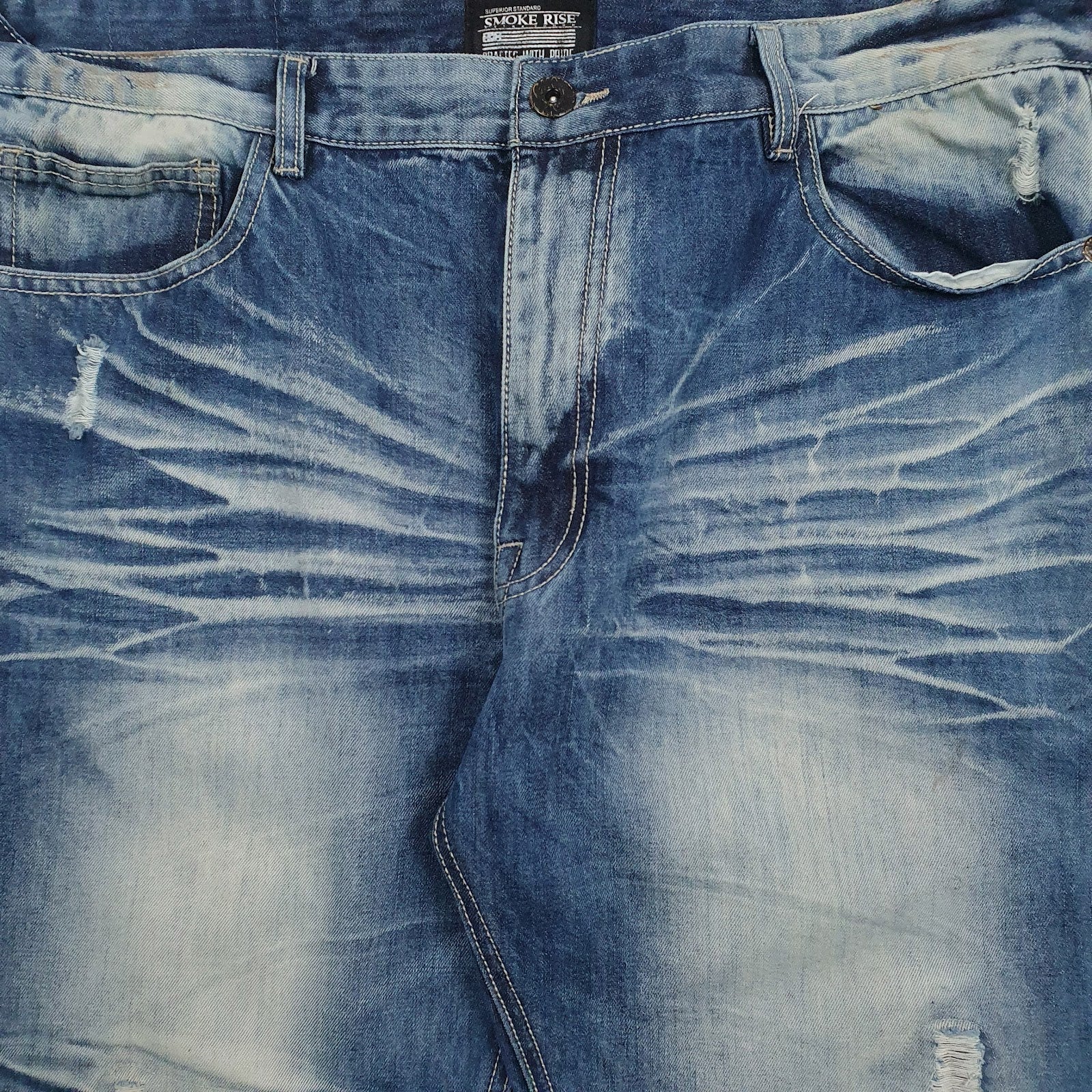 Mens Blue Smoke Rise Distressed  Shorts