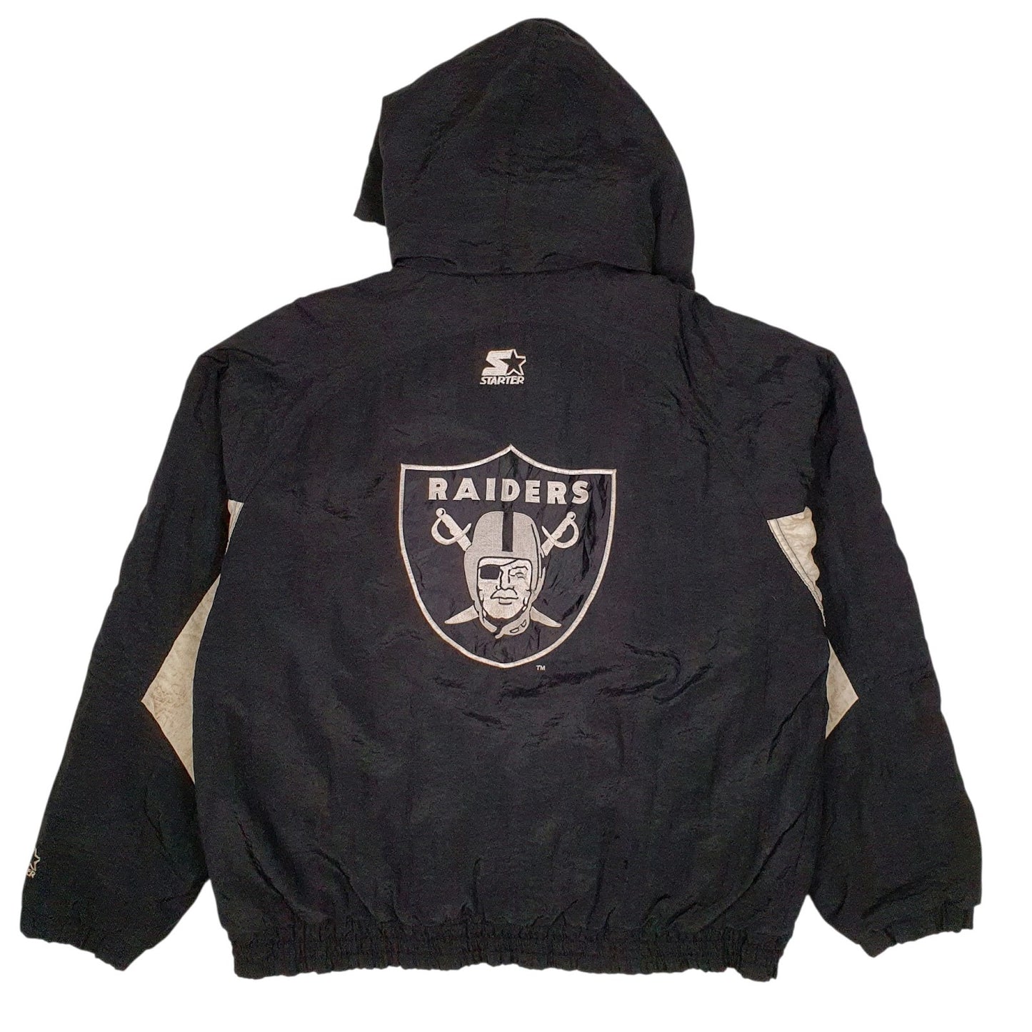 Mens Black Starter NFL Oakland Raiders Vintage 90s Crewneck Coat