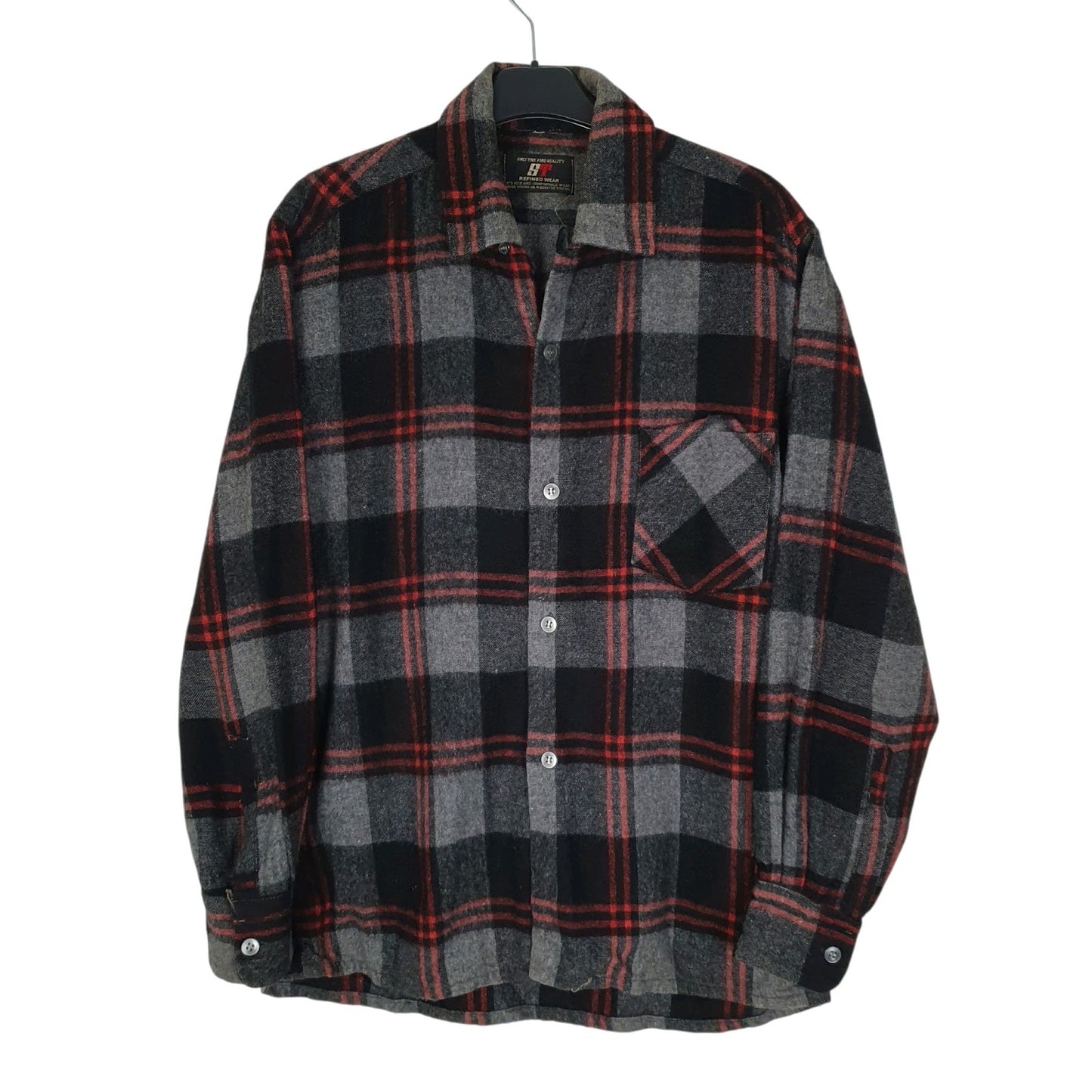 Mens Grey ST Refined Wear Plaid Flannel Long Sleeve Shirt