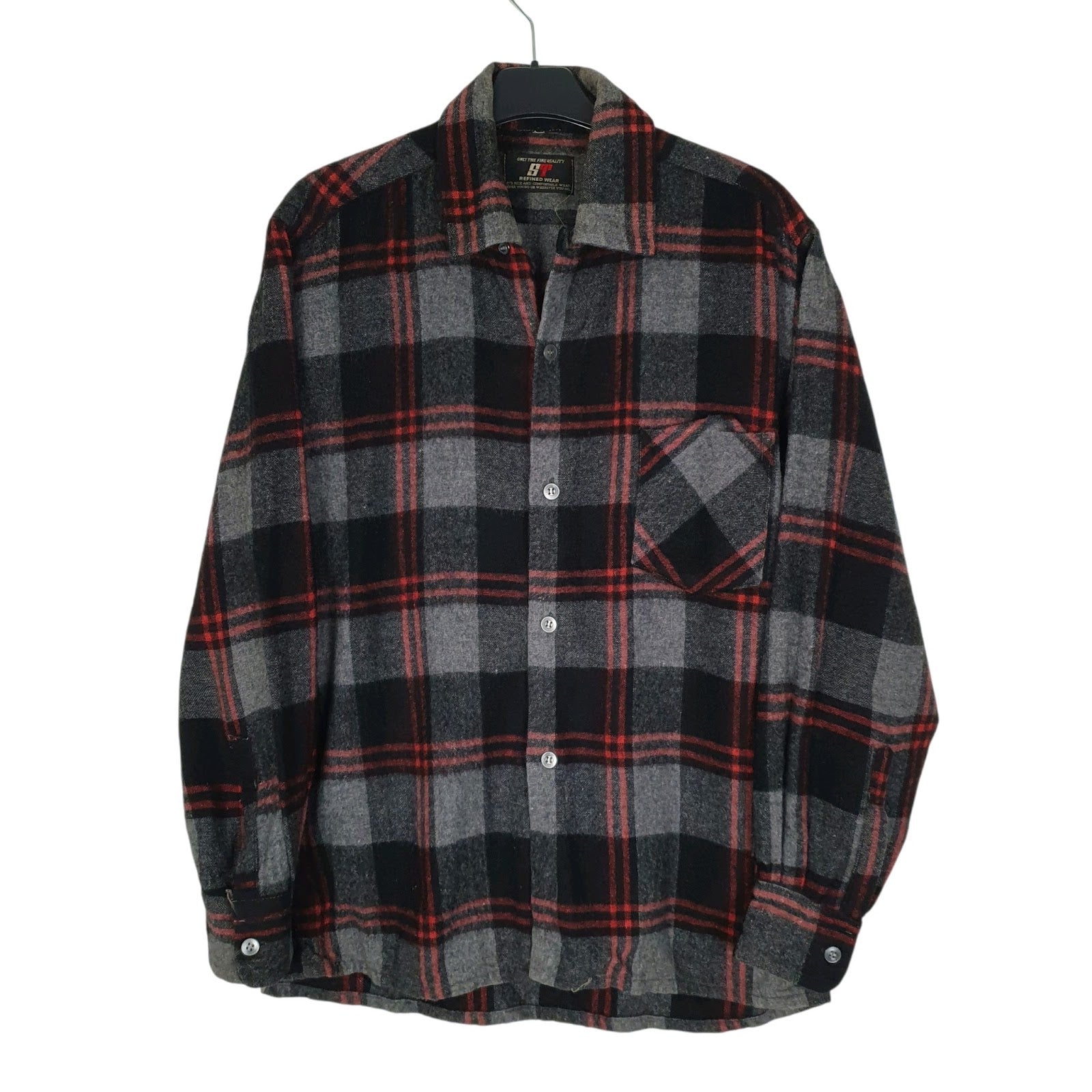 Mens Grey ST Refined Wear Plaid Flannel Long Sleeve Shirt