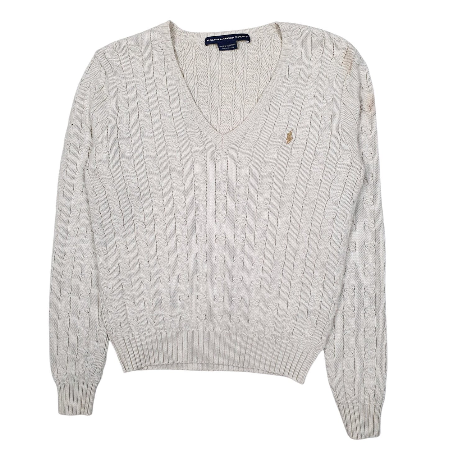 Womens White Polo Ralph Lauren Vintage 90s Cable Knit V Neck Jumper
