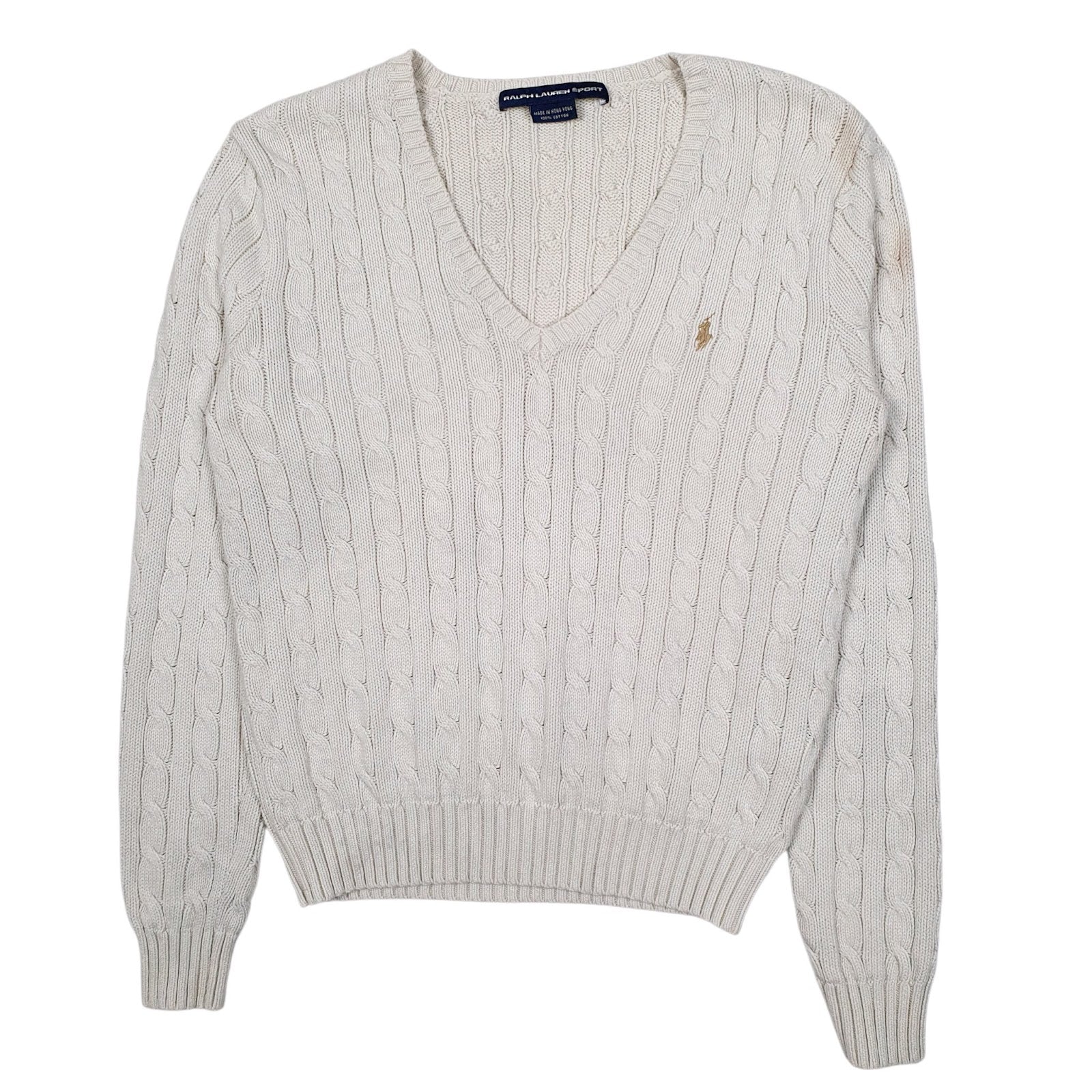 Womens White Polo Ralph Lauren Vintage 90s Cable Knit V Neck Jumper