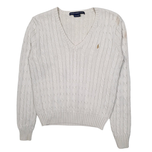 Womens White Polo Ralph Lauren Vintage 90s Cable Knit V Neck Jumper