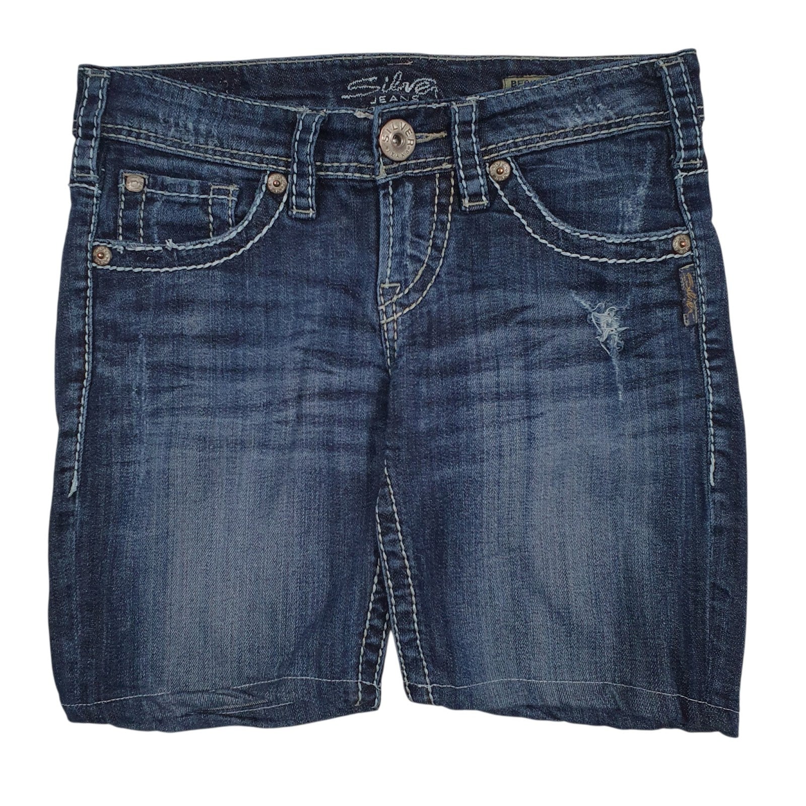 Womens Blue Silver Jeans Distressed Denim Shorts
