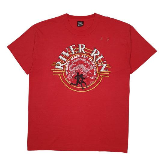 Mens Red Fruit Of The Loom Vintage 90s Single Stitch River Run Short Sleeve T Shirt