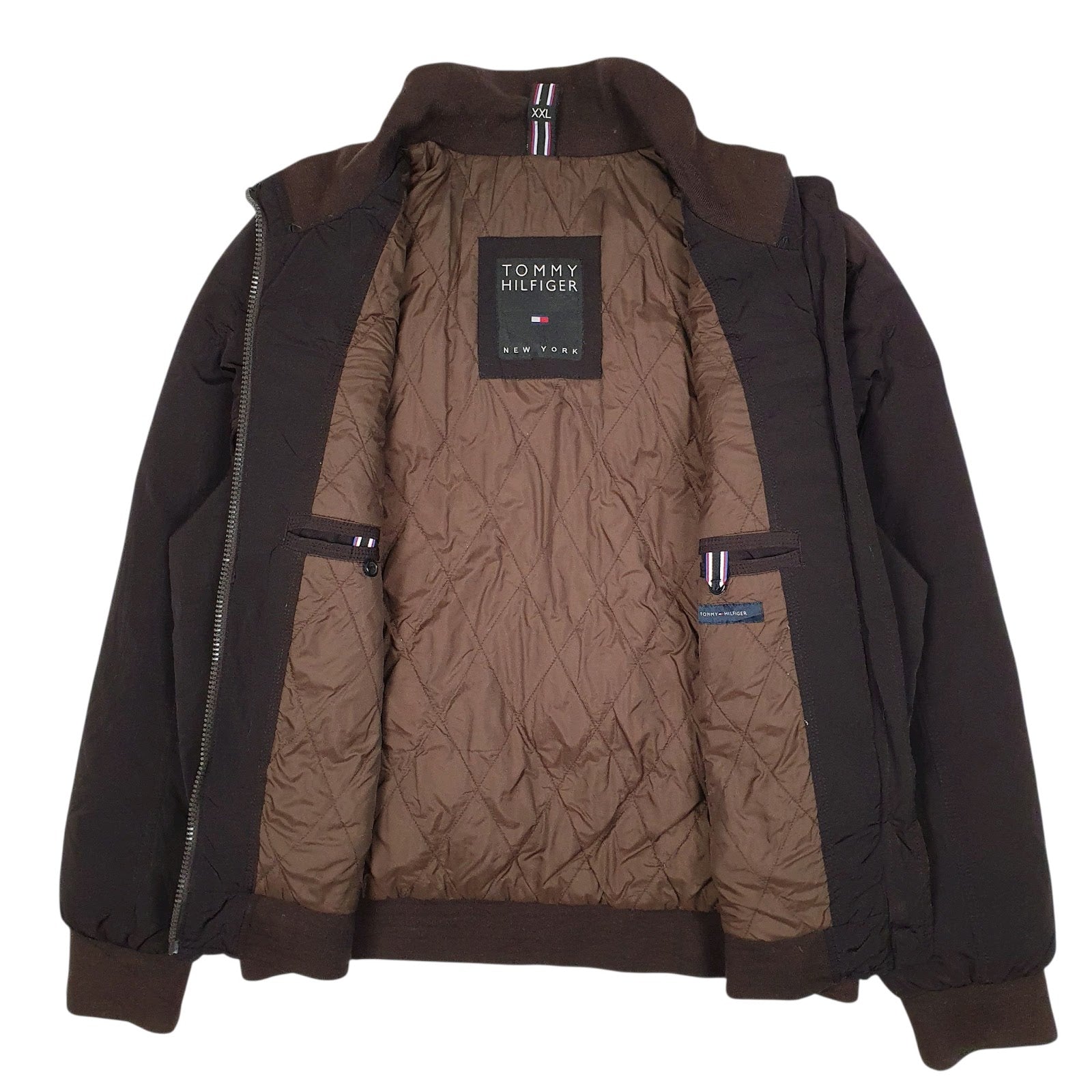 Mens Brown Tommy Hilfiger Bomber Windbreaker V Neck Coat