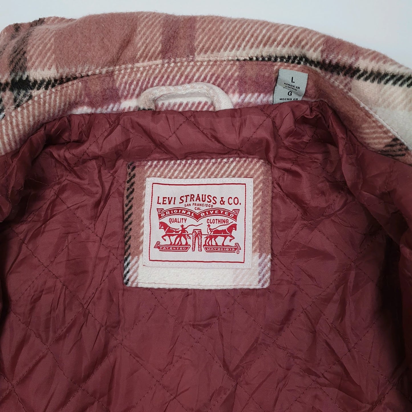 Mens Pink Levis Quilt Lined Heavy Plaid  Coat