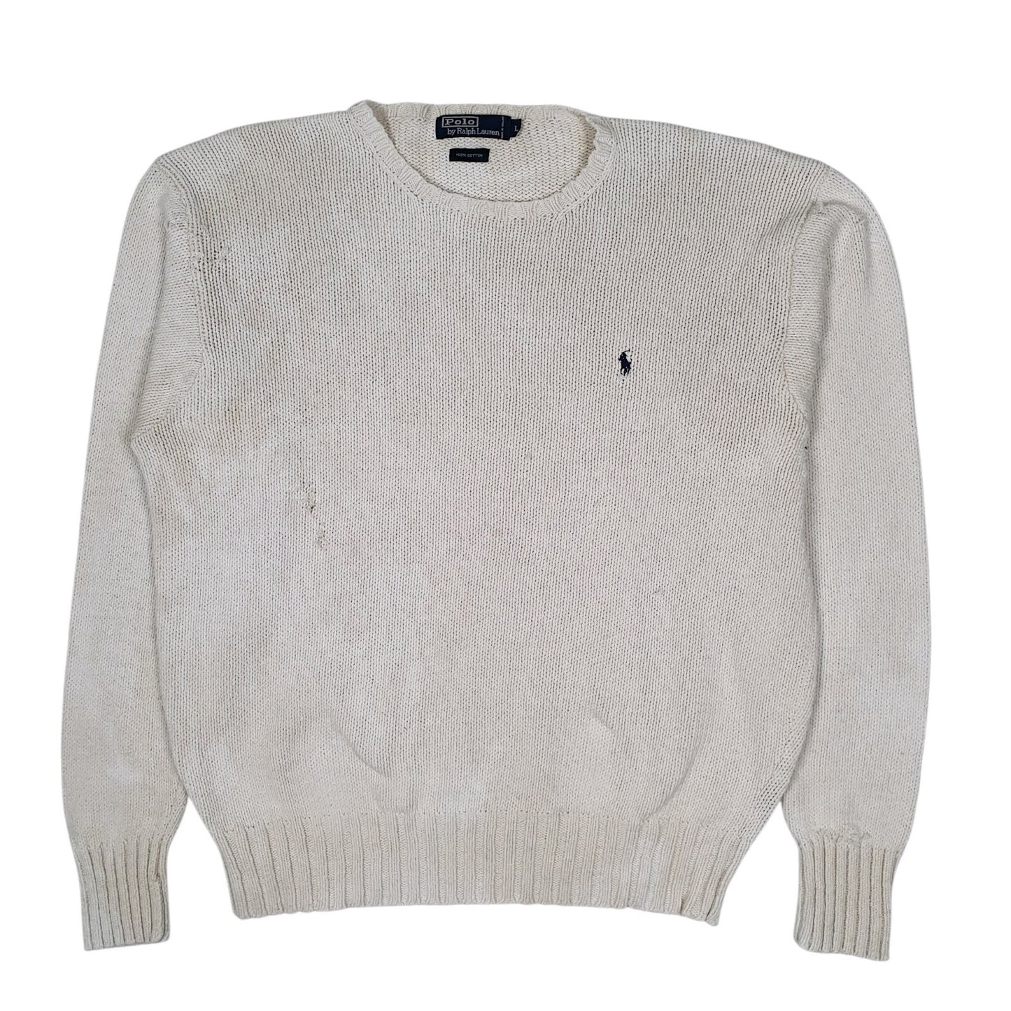 Mens White Polo Ralph Lauren Distressed Chunky Knit Crewneck Jumper