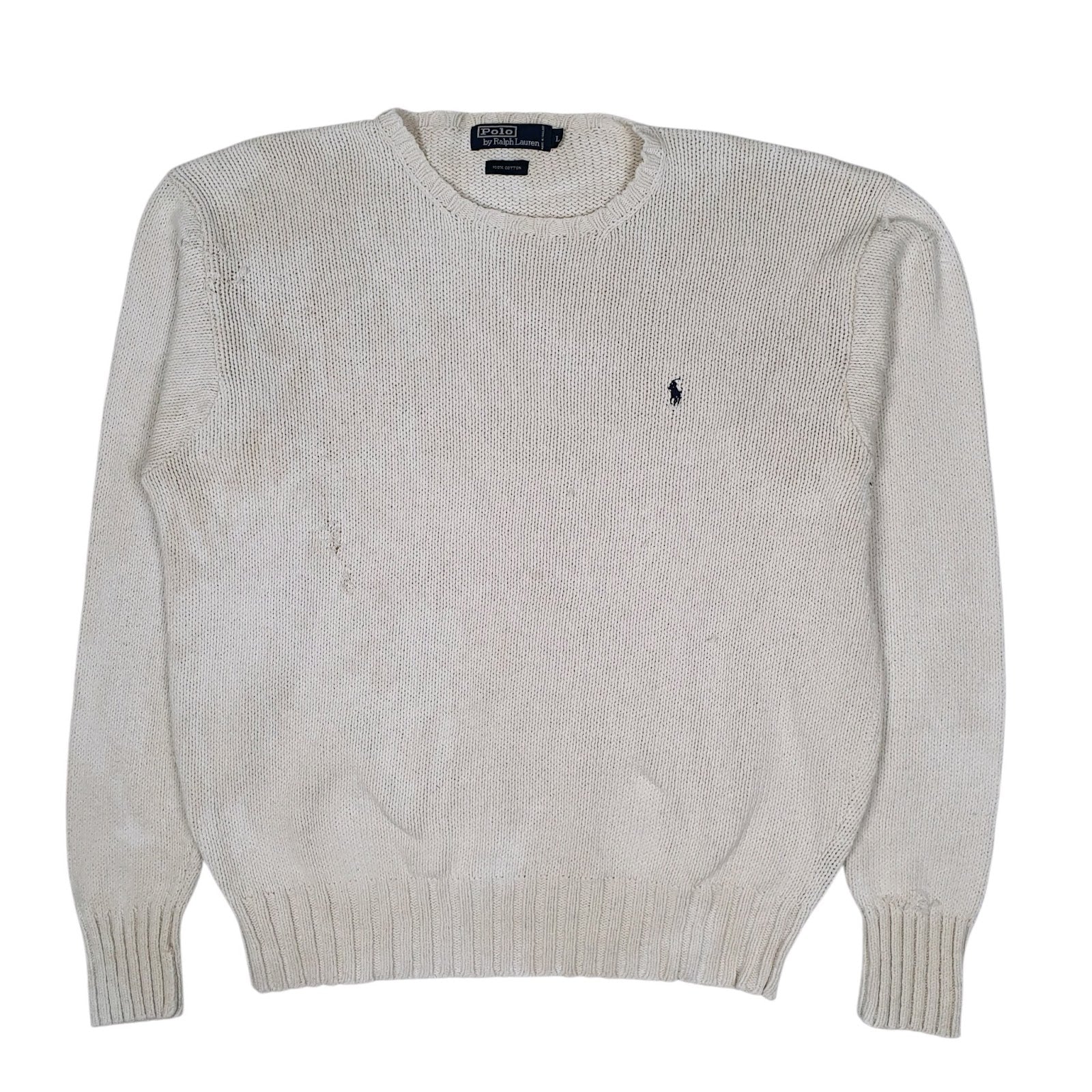 Mens White Polo Ralph Lauren Distressed Chunky Knit Crewneck Jumper