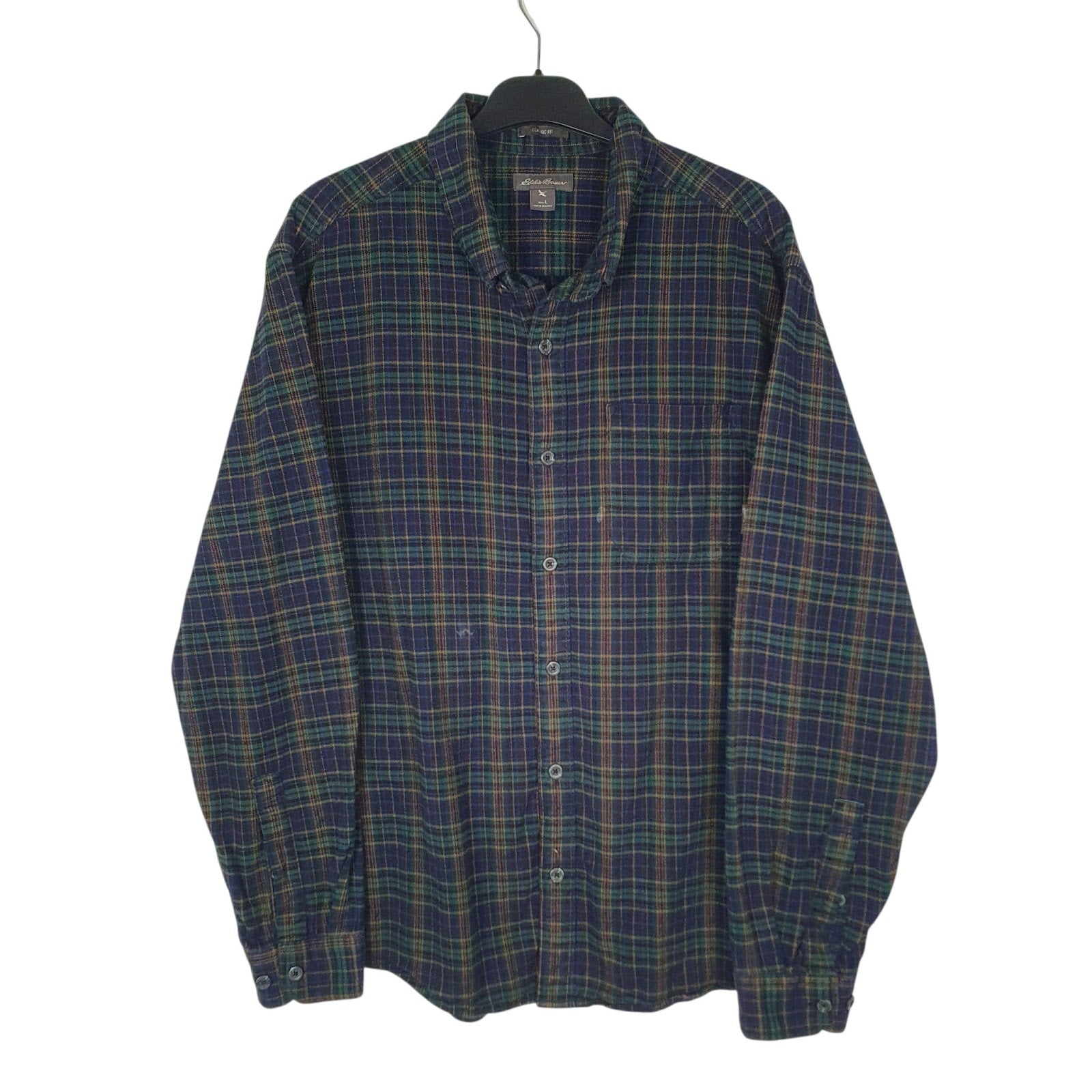 Mens Navy Eddie Bauer Heavyweight Plaid Flannel Long Sleeve Shirt