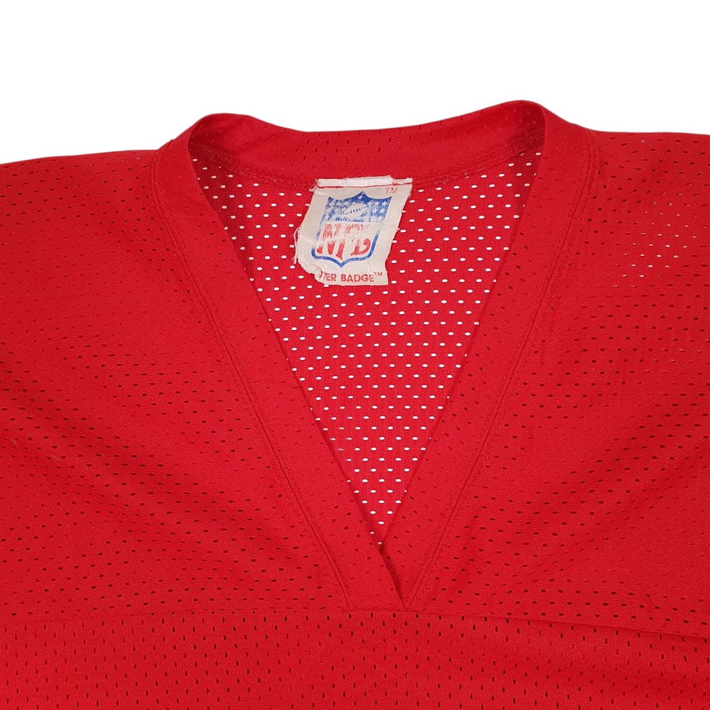 Mens Red NFL Vintage 1980s Mister Badge American Football Jersey  T Shirt