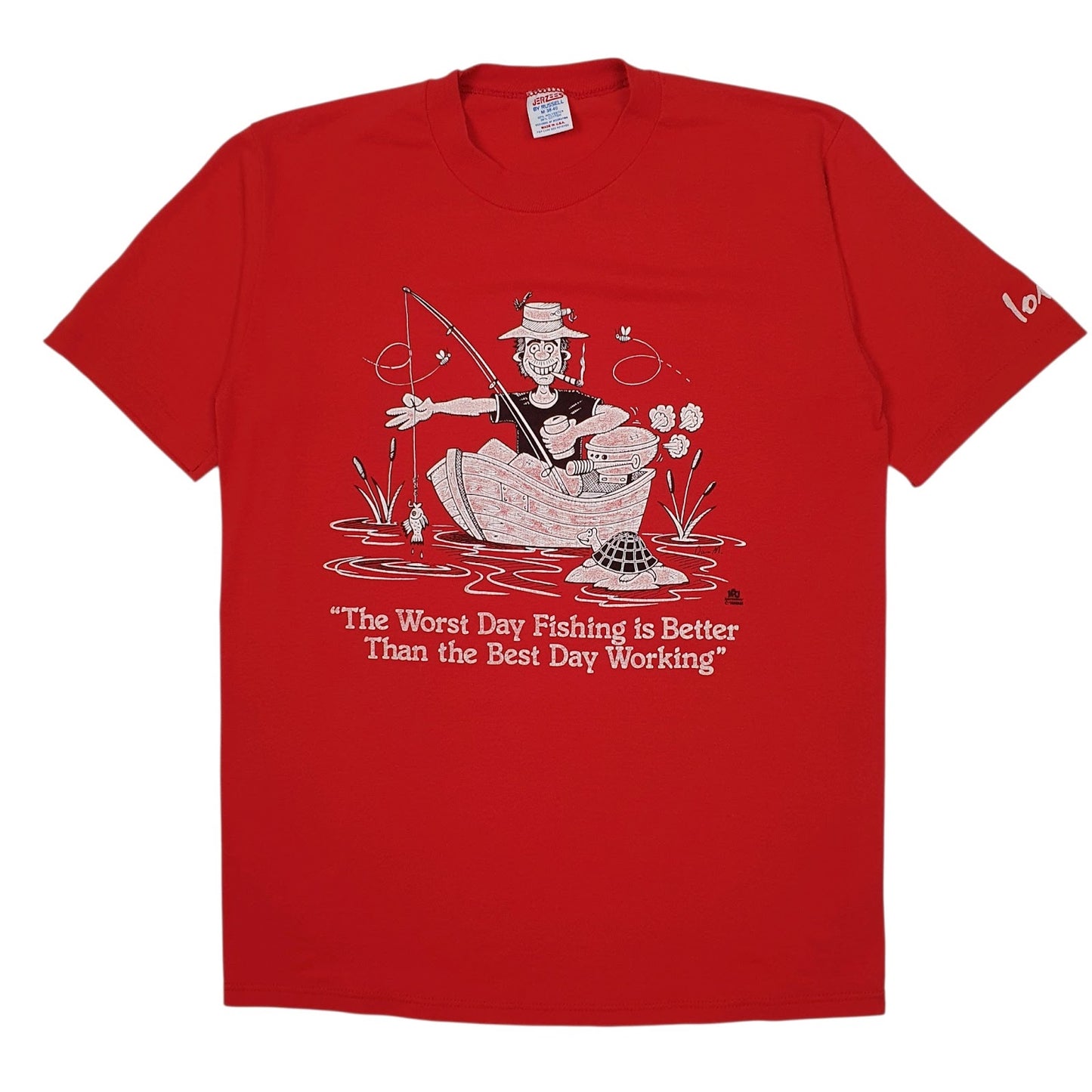 Mens Red Jerzees Vintage 80s 1985 Fishing Short Sleeve T Shirt