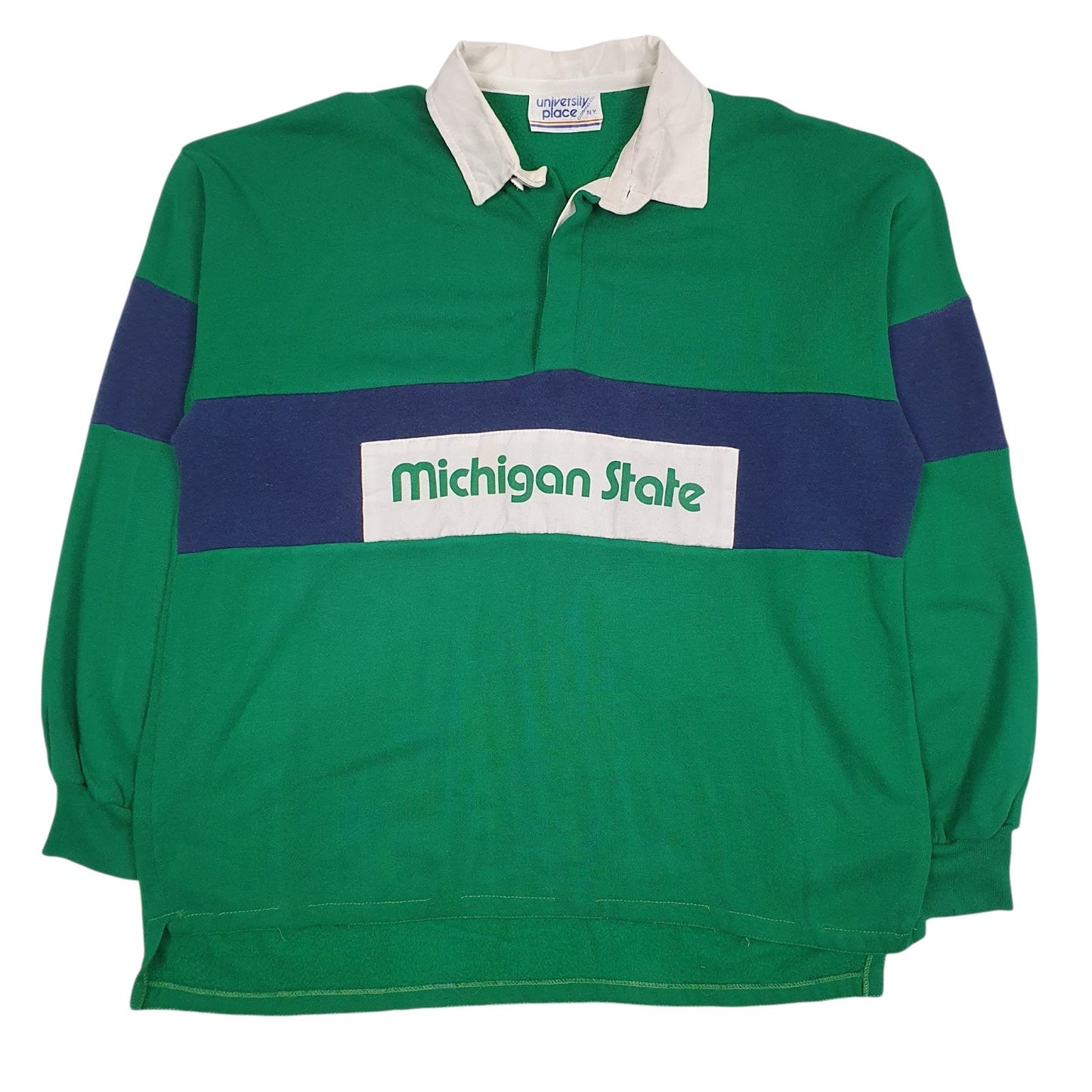 Mens Green University Place Rugby Michigan State Vintage 90s Long Sleeve Polo Shirt