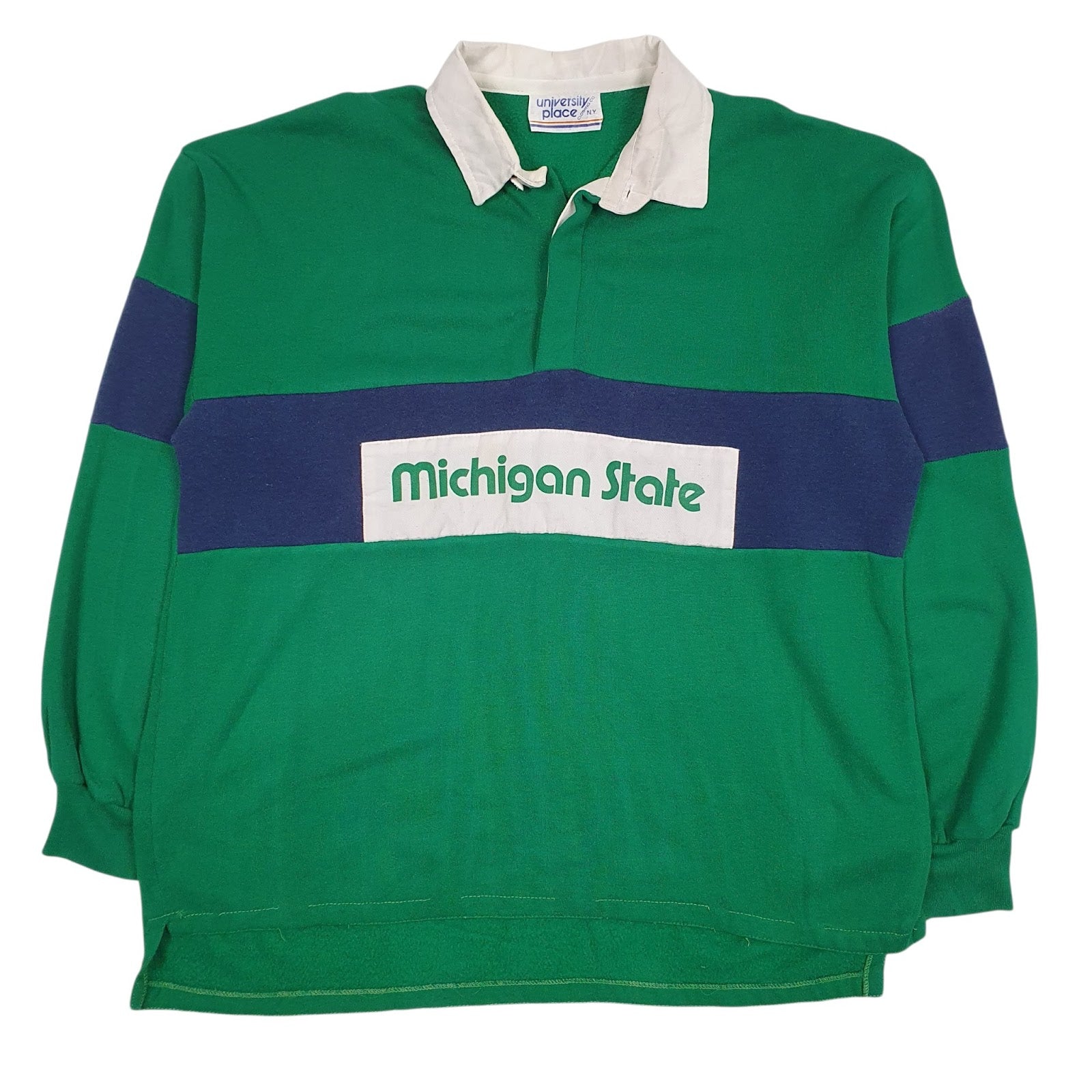 Mens Green University Place Rugby Michigan State Vintage 90s Long Sleeve Polo Shirt