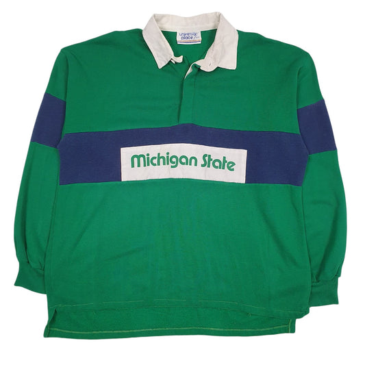 Mens Green University Place Rugby Michigan State Vintage 90s Long Sleeve Polo Shirt