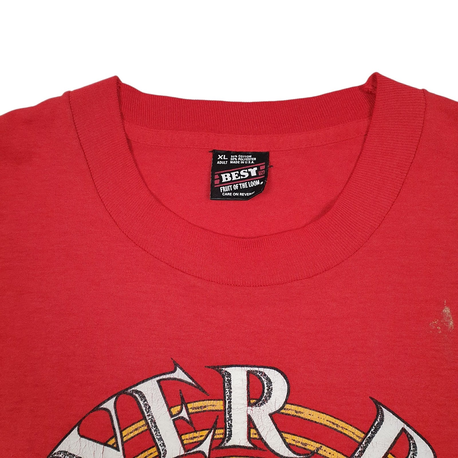 Mens Red Fruit Of The Loom Vintage 90s Single Stitch River Run  T Shirt