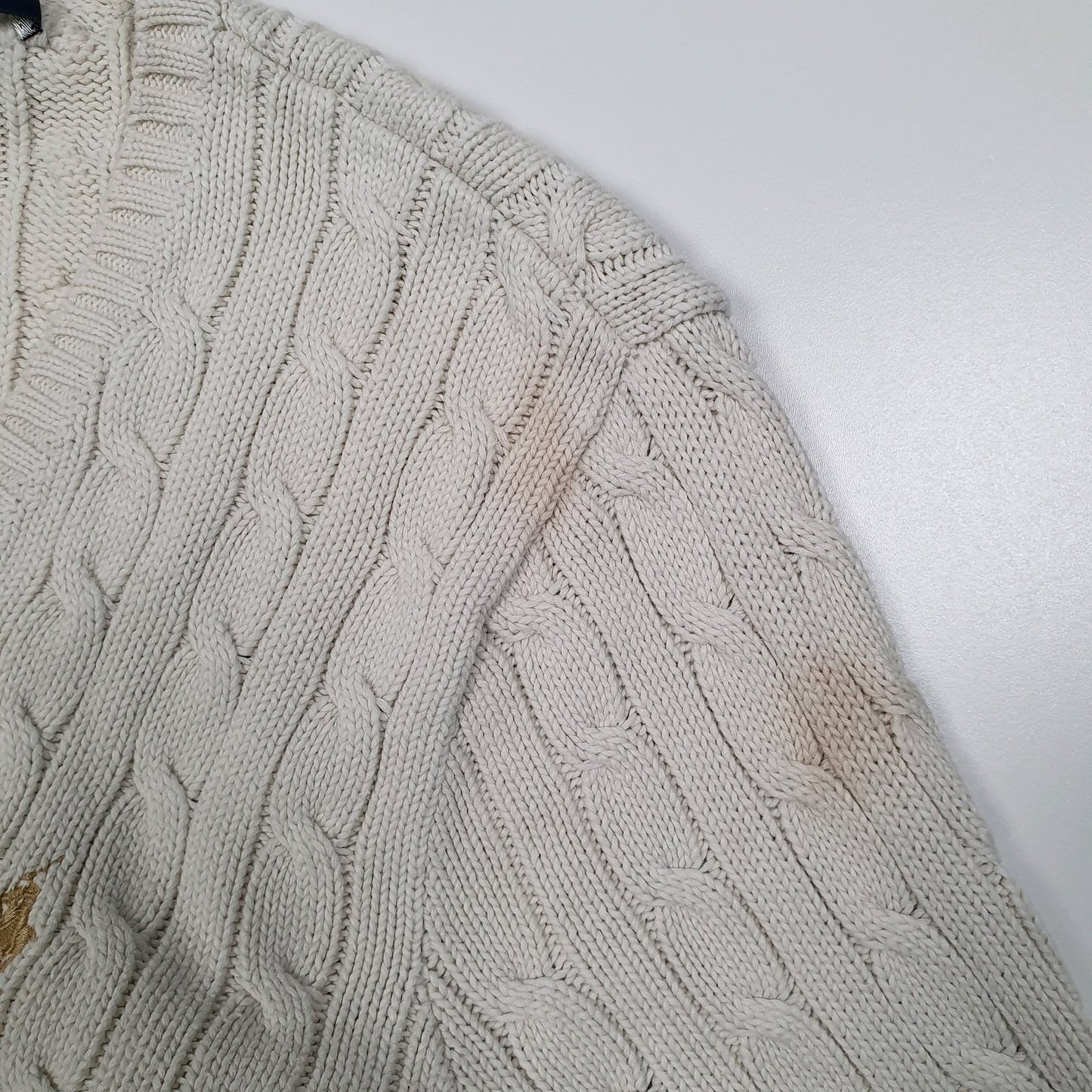 Womens White Polo Ralph Lauren Vintage 90s Cable Knit V Neck Jumper