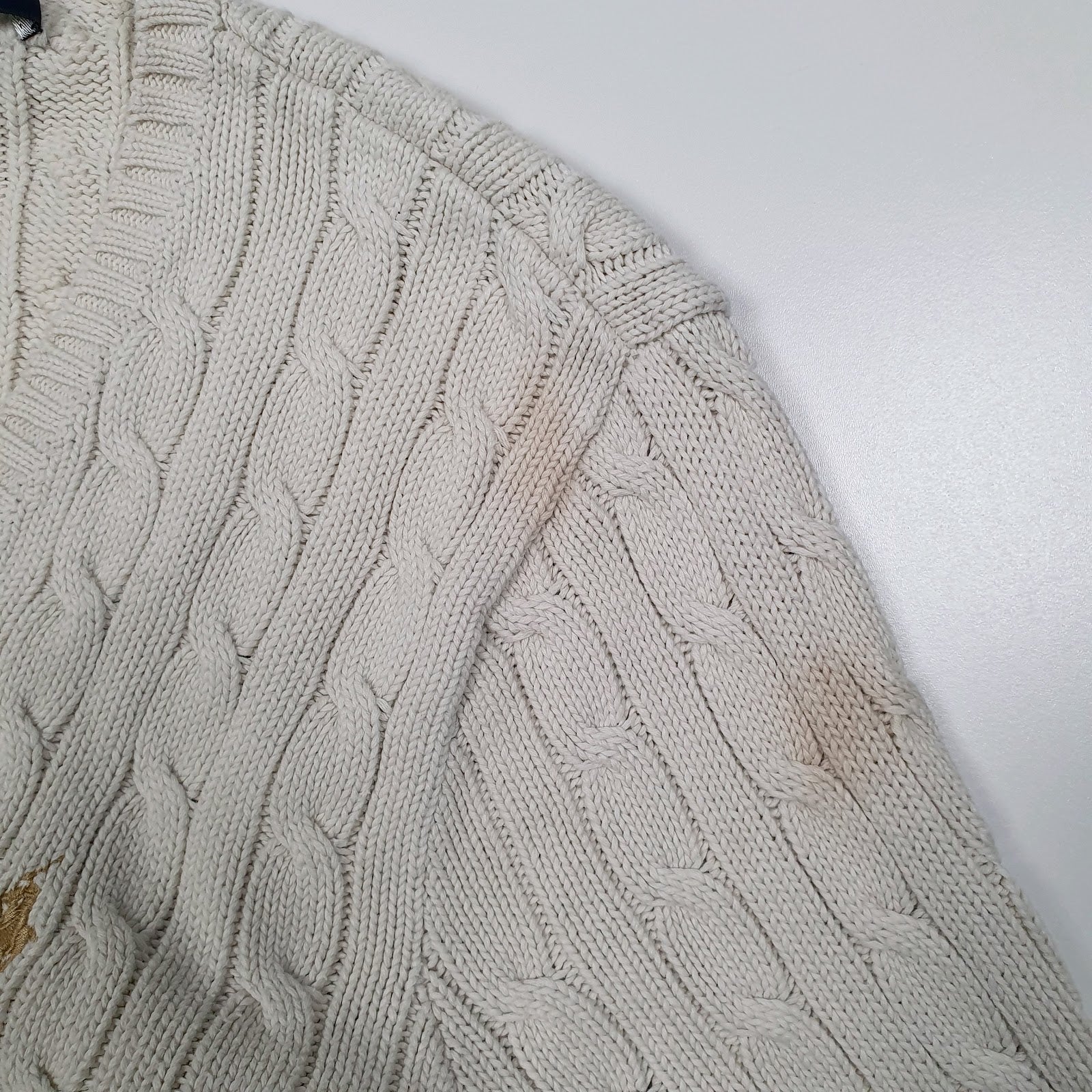 Womens White Polo Ralph Lauren Vintage 90s Cable Knit V Neck Jumper