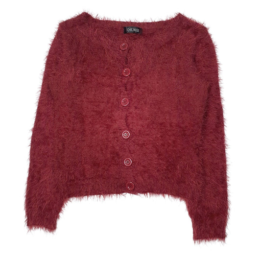 Womens Red Chic Muse Fluffy Cardigan Jumper