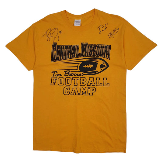 Mens Yellow Gildan Tim Barnes Central Missouri Football Camp Signed Short Sleeve T Shirt