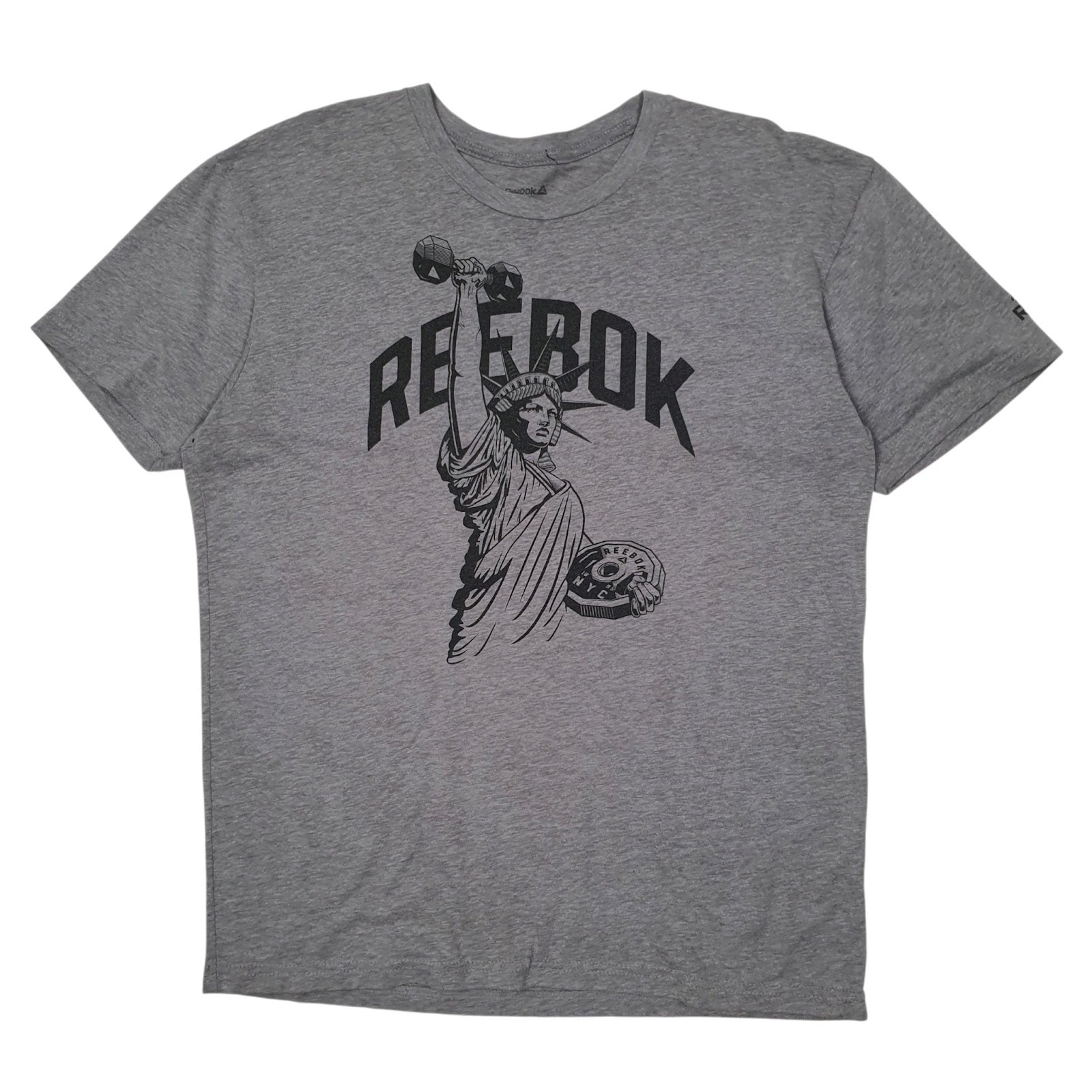 Mens Grey Reebok NYC New York Statue of Liberty Weights Short Sleeve T Shirt