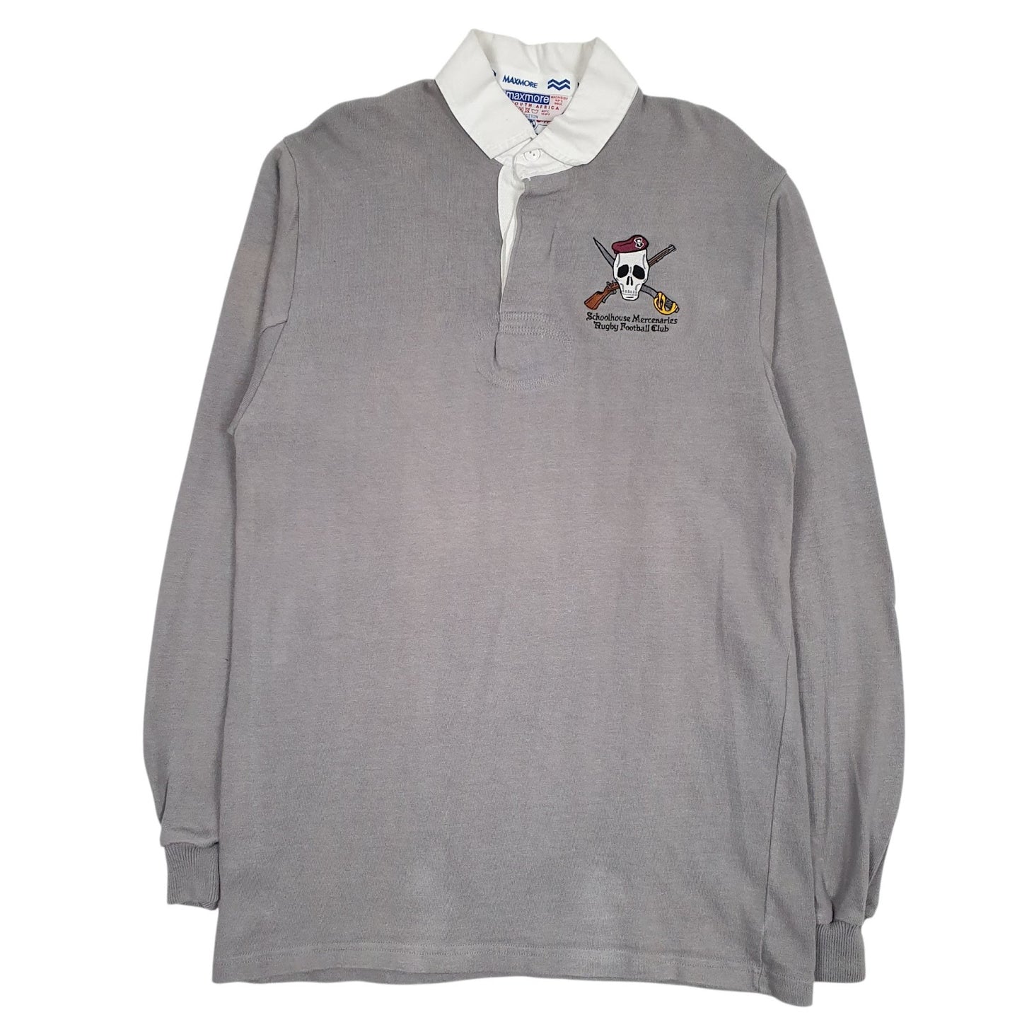 Mens Grey Maxmore Rugby Vintage Schoolhouse Mercenaries Long Sleeve Polo Shirt