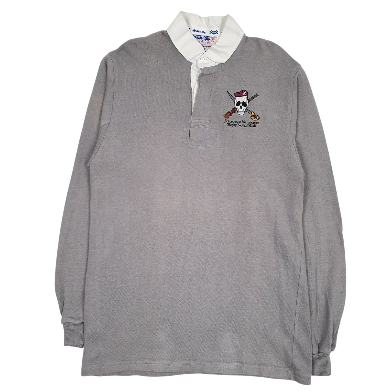 Mens Grey Maxmore Rugby Vintage Schoolhouse Mercenaries Long Sleeve Polo Shirt