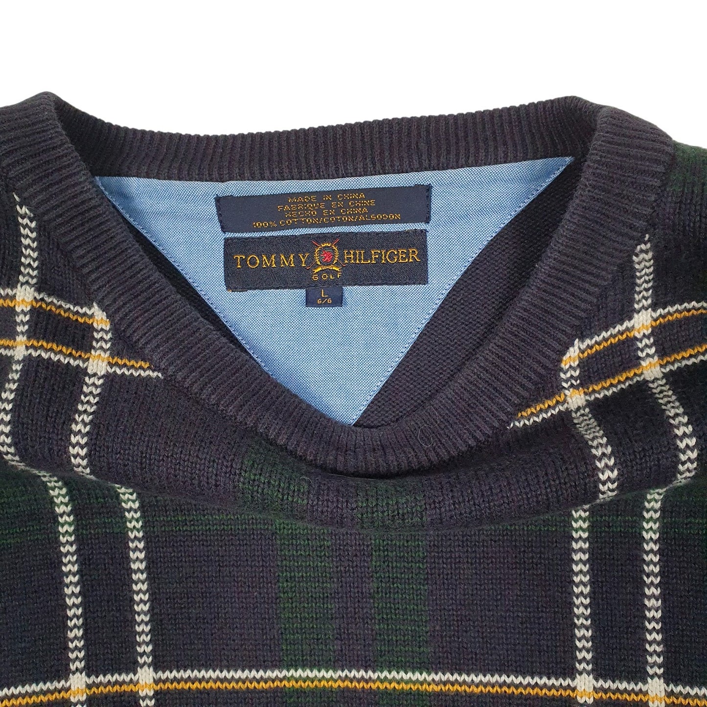 Mens Navy Tommy Hilfiger Golf Vintage 00s Plaid Crewneck Jumper