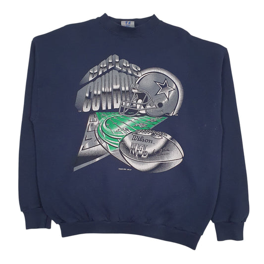 Mens Navy Logo 7 Vintage 90s Made In USA NFL Dallas Cowboys Crewneck Jumper