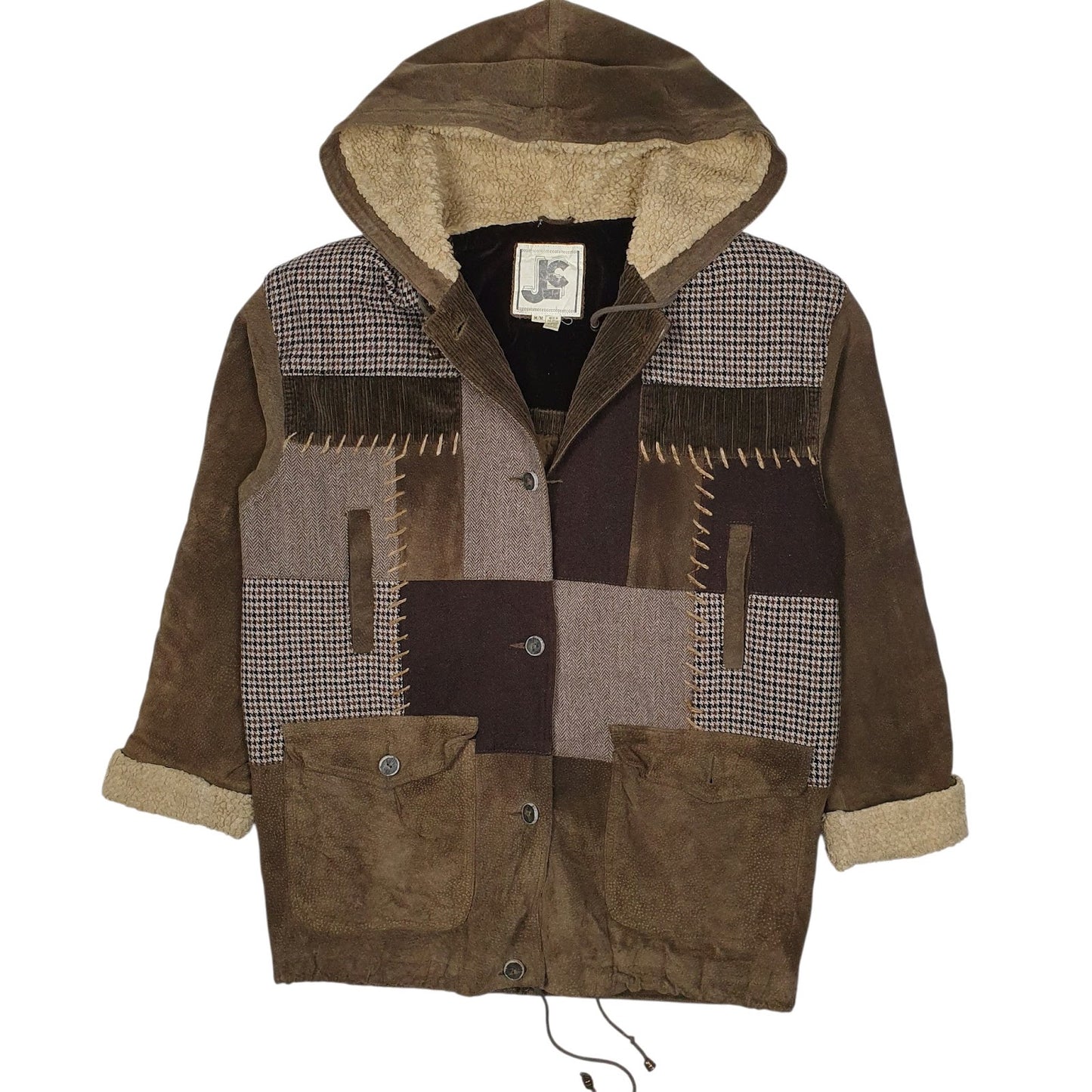 Mens Brown JC Sherpa Lined Patchwork  Coat