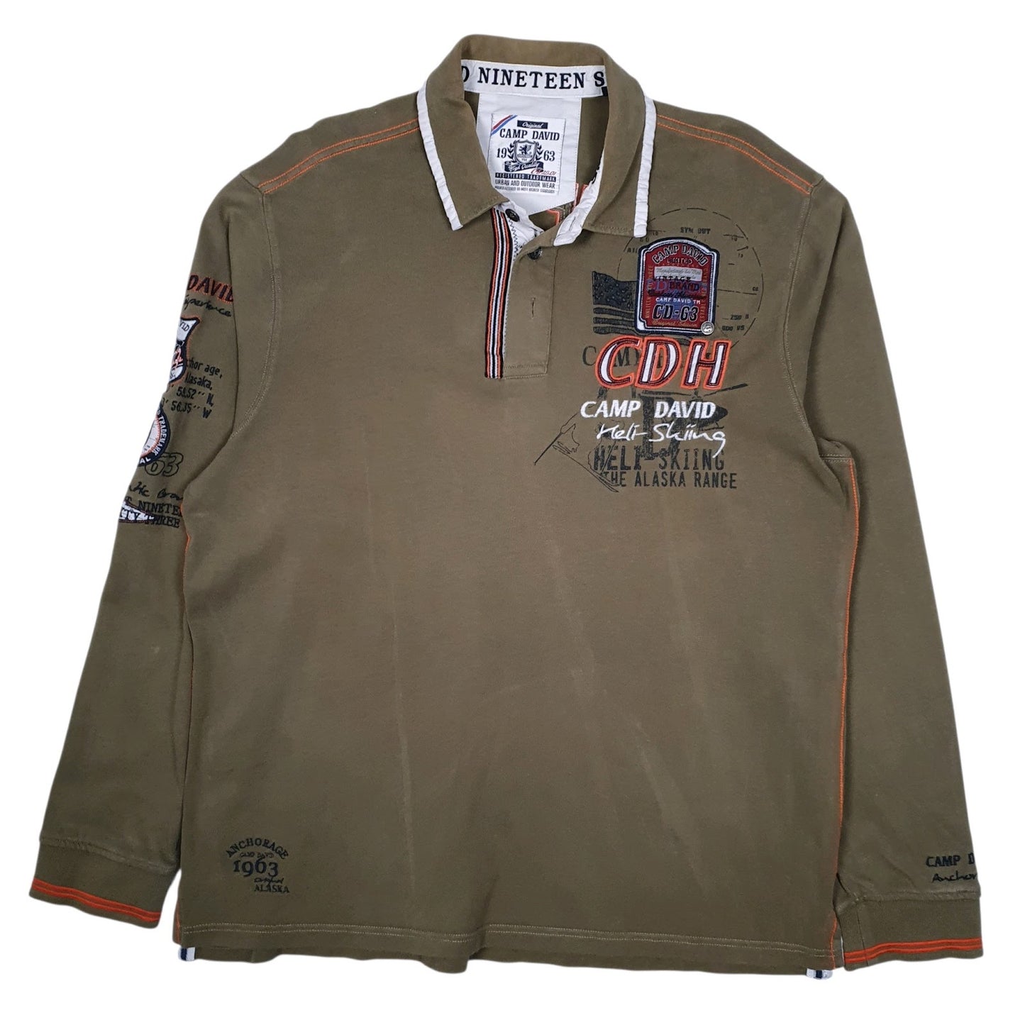 Mens Green Camp David Heli Skiing Rugby Long Sleeve Polo Shirt