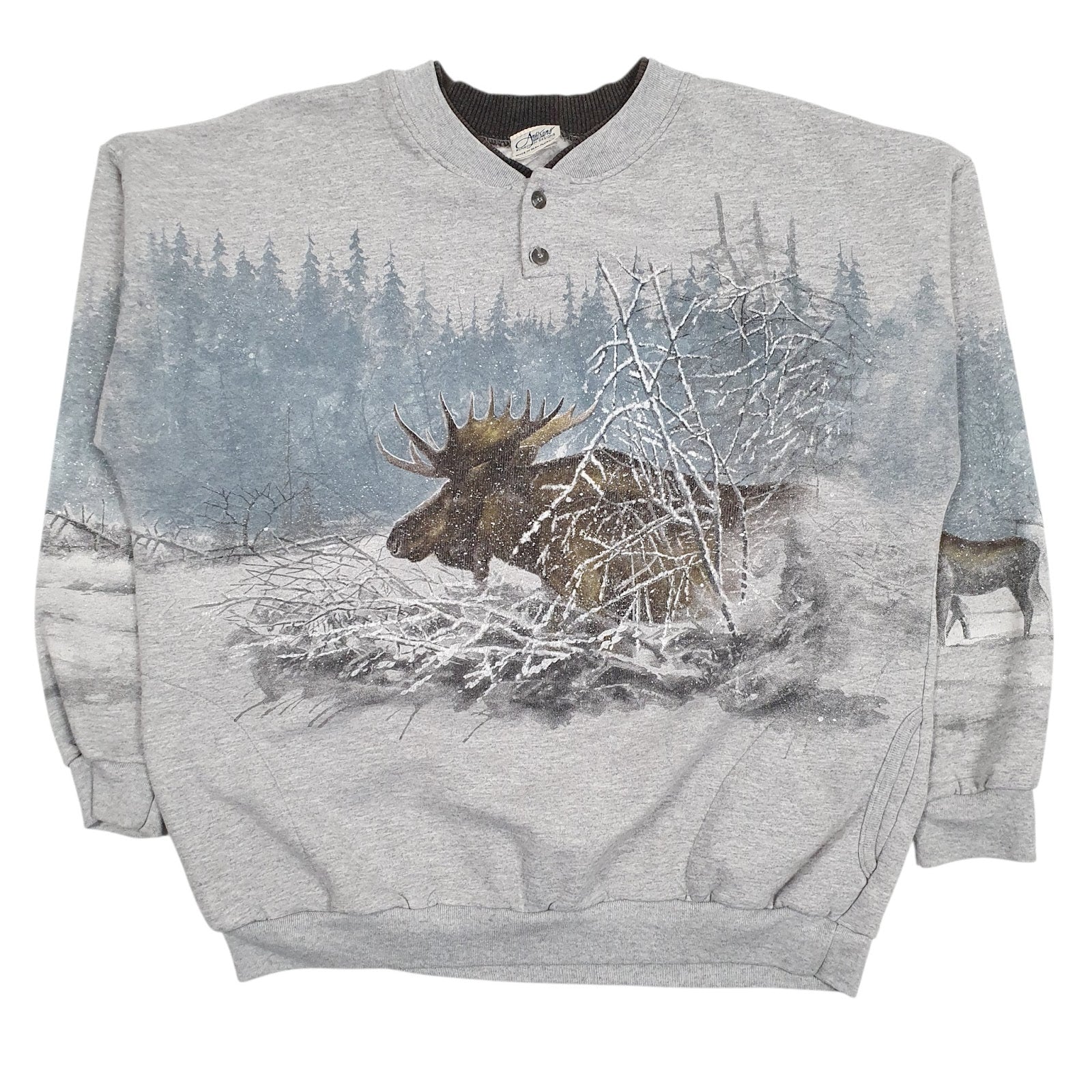 Mens Grey Artisans Henley Graphic Vintage 90s Made In USA Crewneck Jumper