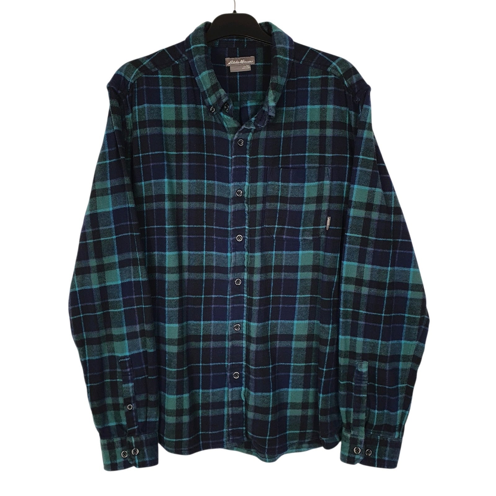 Mens Navy Eddie Bauer Heavyweight Plaid Flannel Long Sleeve Shirt