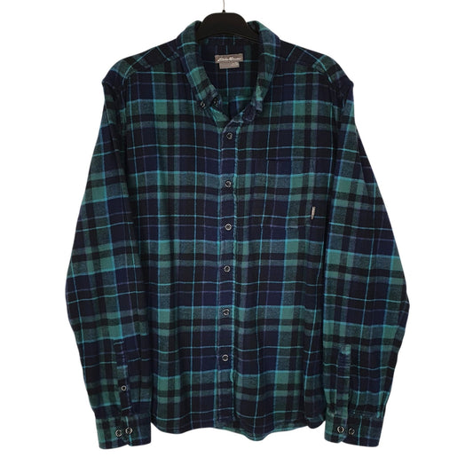 Mens Navy Eddie Bauer Heavyweight Plaid Flannel Long Sleeve Shirt