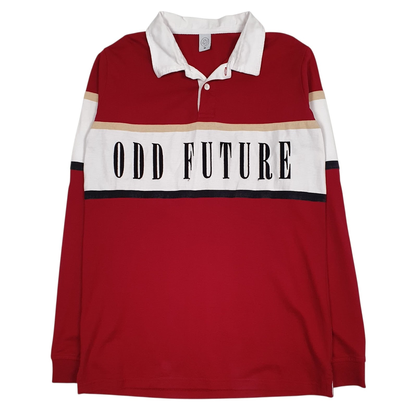 Mens Red Odd Furure Rugby Spellout Long Sleeve Polo Shirt