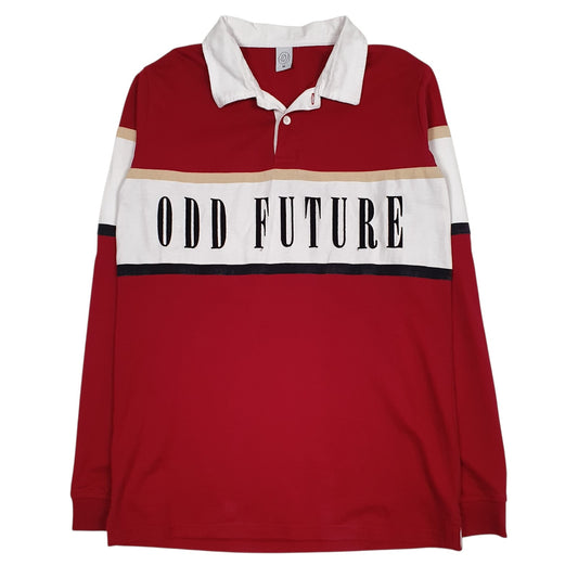 Mens Red Odd Furure Rugby Spellout Long Sleeve Polo Shirt