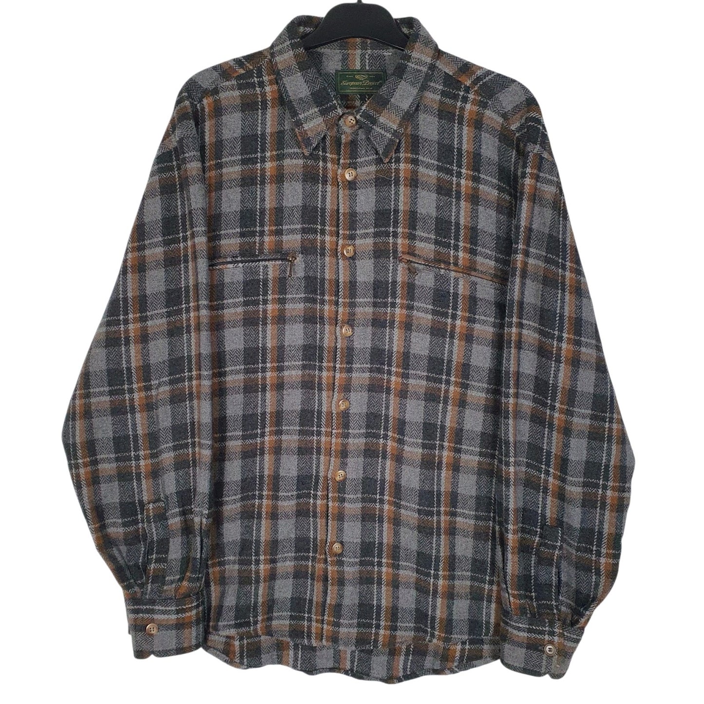 Mens Grey European Project Flannel Long Sleeve Shirt
