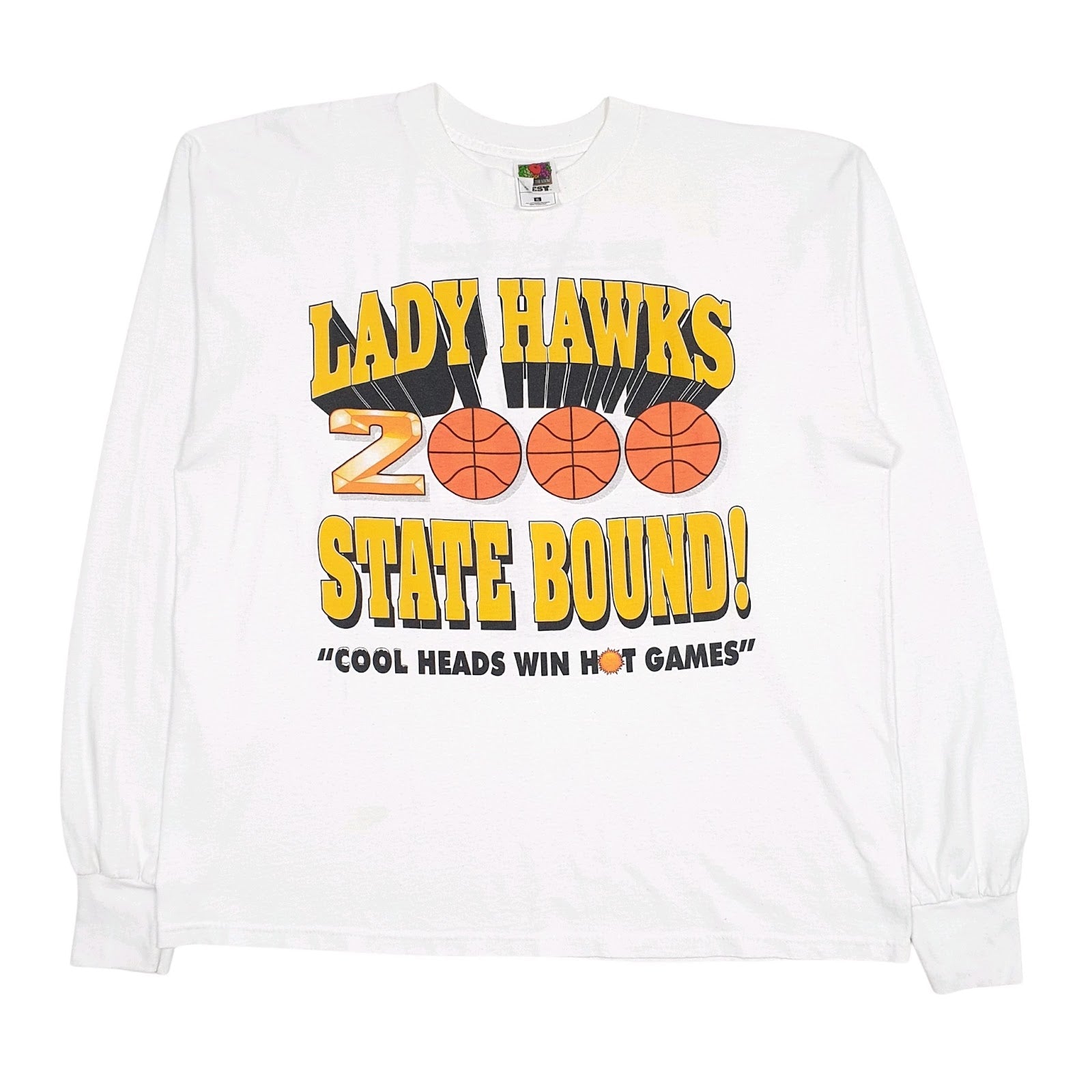 Mens White Fruit Of The Loom Vintage 00s Lady Hawks State Bound Long Sleeve T Shirt