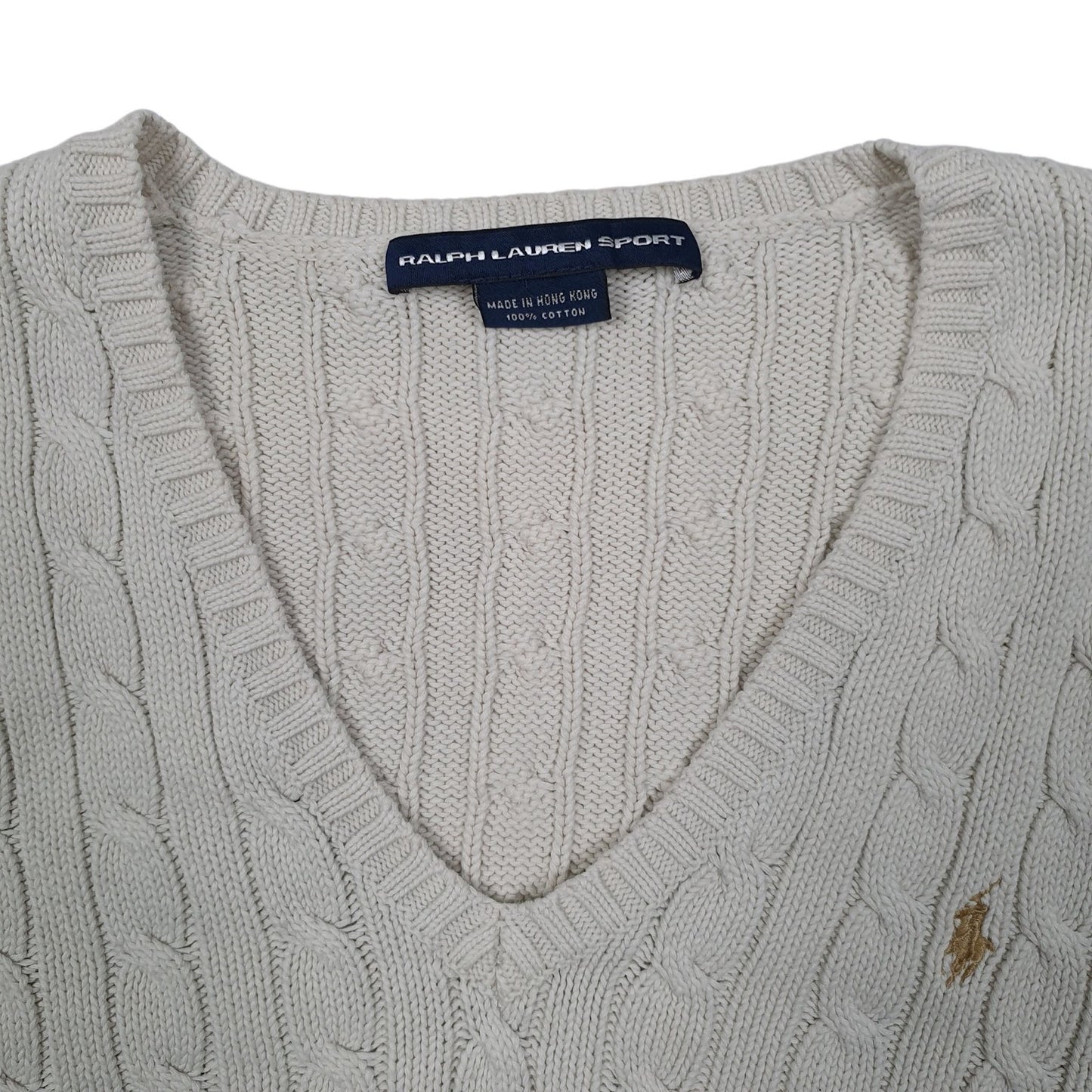 Womens White Polo Ralph Lauren Vintage 90s Cable Knit V Neck Jumper