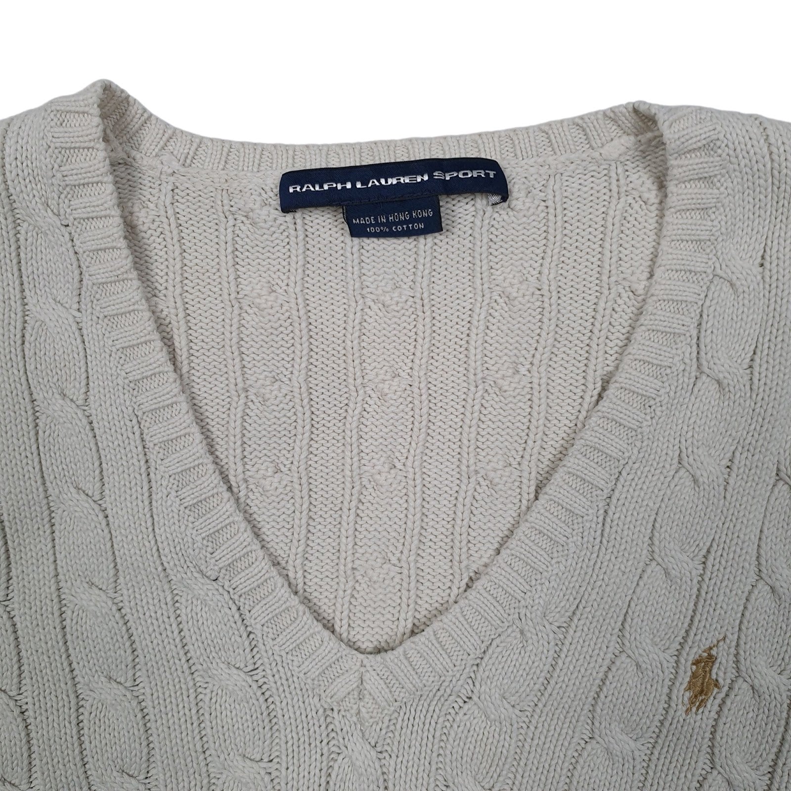 Womens White Polo Ralph Lauren Vintage 90s Cable Knit V Neck Jumper