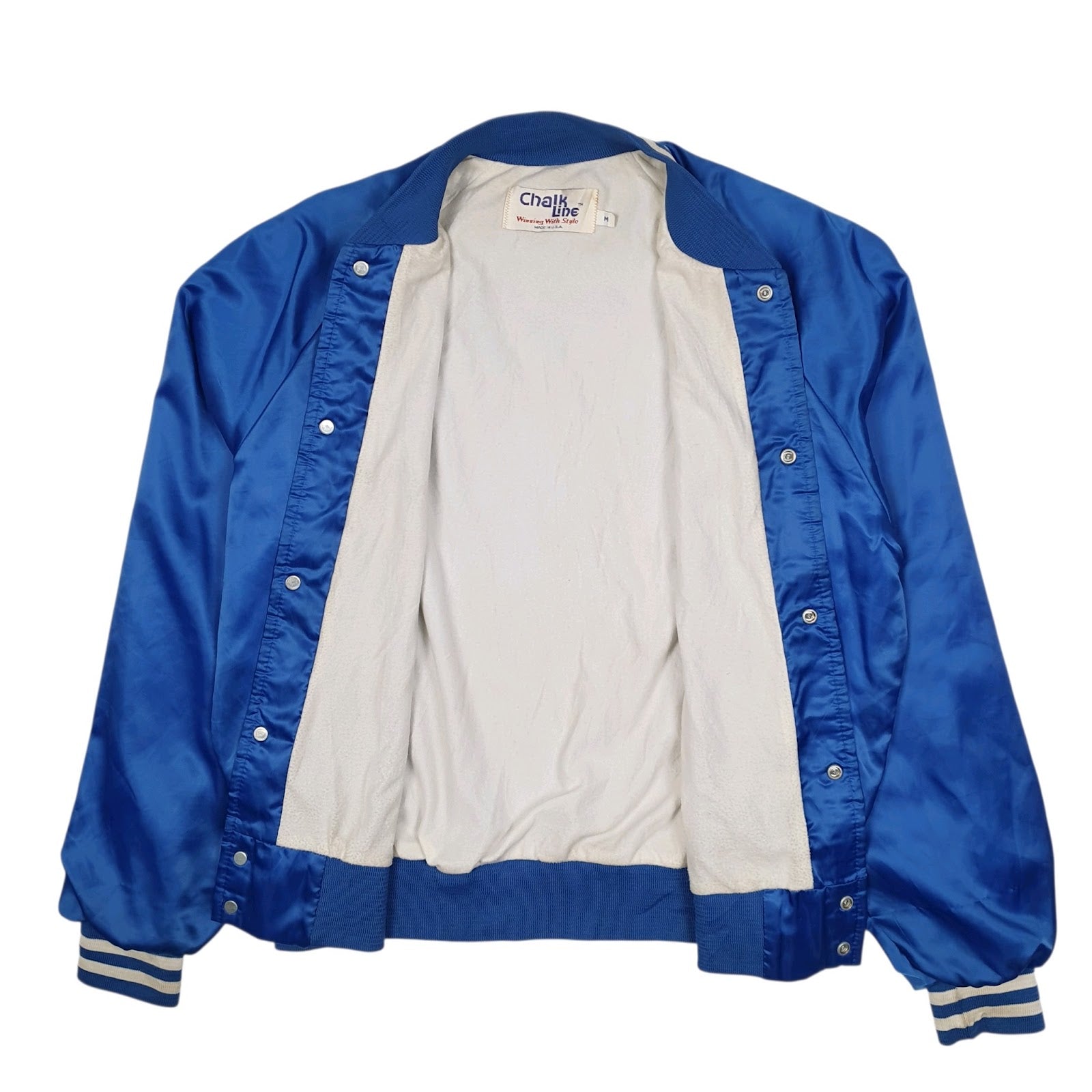 Mens Blue Chalk Line Vintage 90s Bomber Varsity Satin  Coat