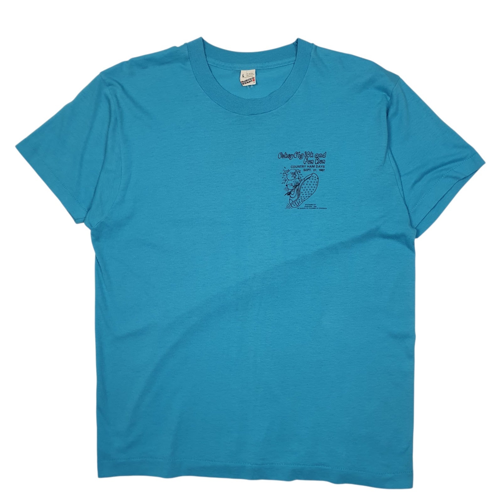 Mens Blue Screen Stars Vintage 1980s Single Stitch Pokey Pig 10k Short Sleeve T Shirt