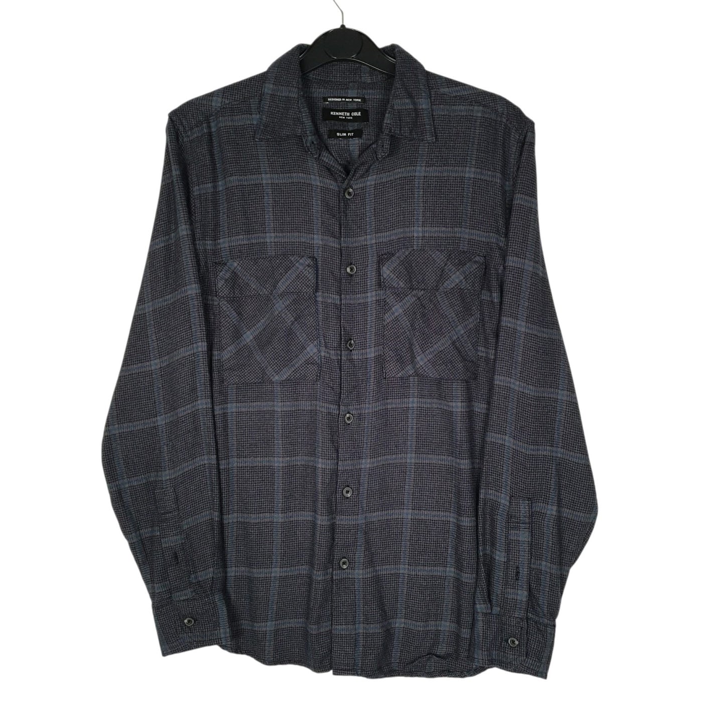 Mens Grey Kenneth Cole Flannel Plaid Long Sleeve Shirt