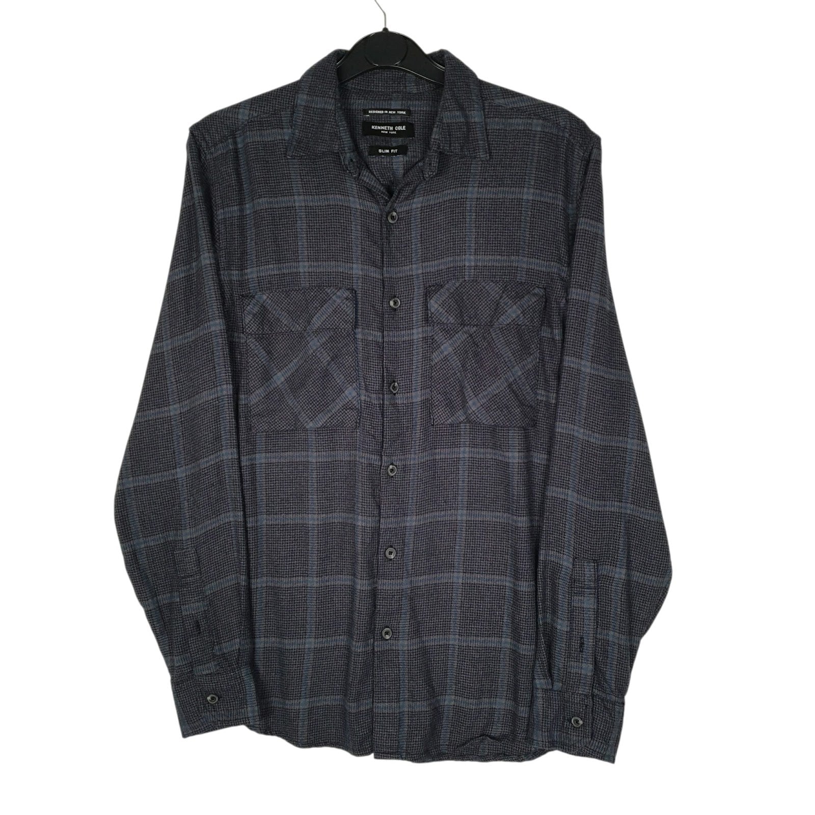 Mens Grey Kenneth Cole Flannel Plaid Long Sleeve Shirt