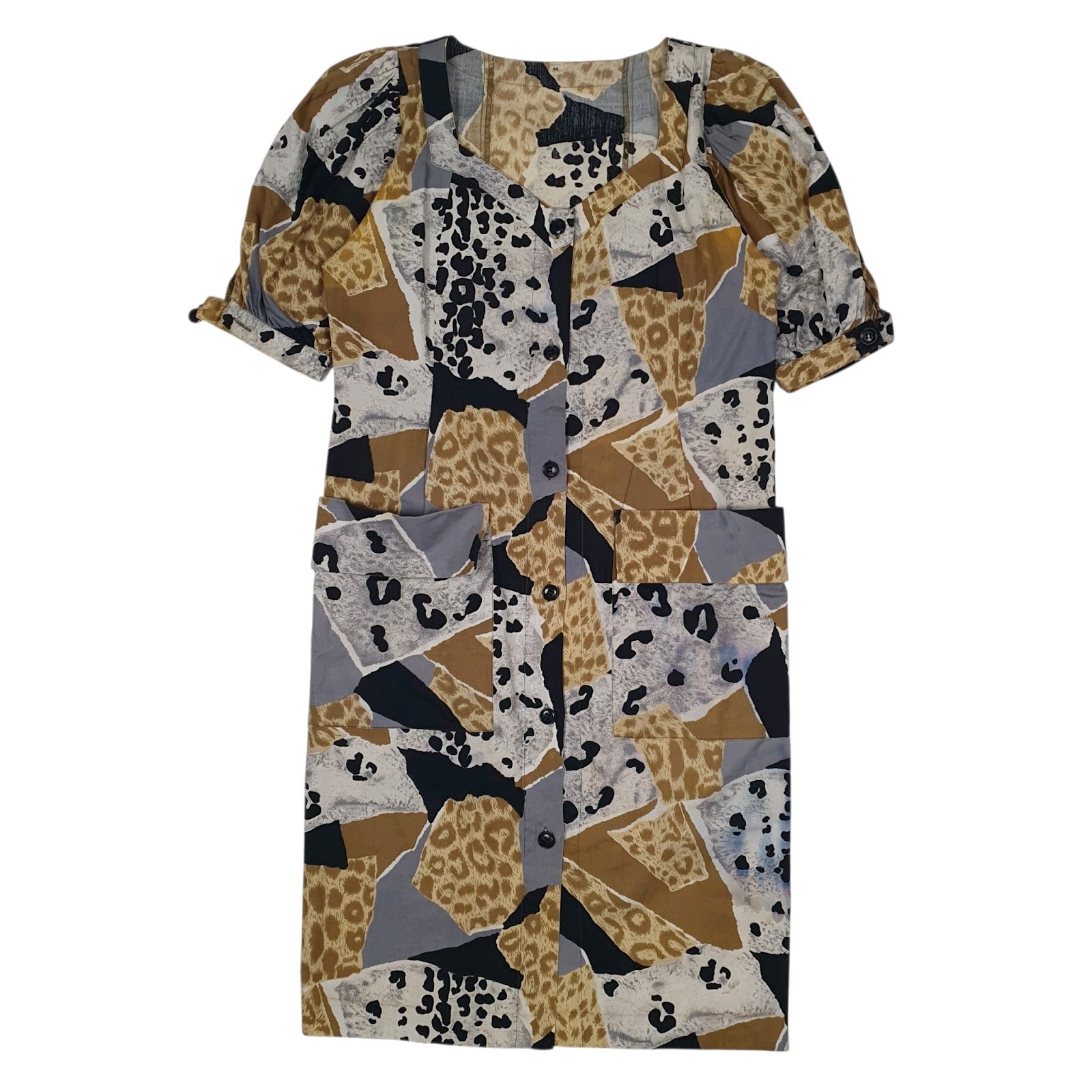 Womens Beige Unbranded Leopard Print Puff Sleeve Short Sleeve Dress