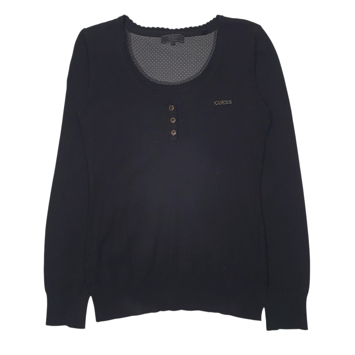 Womens Black Guess Blouse Henley Long Sleeve T Shirt