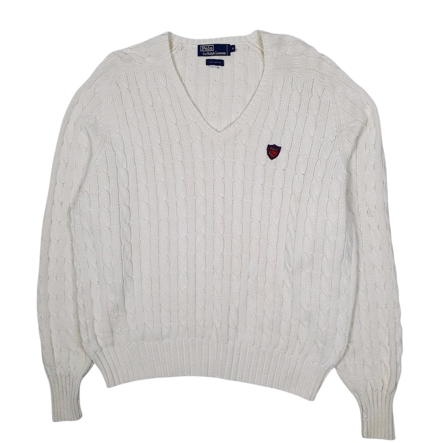 Mens White Polo Ralph Lauren Golf Cable Knit Vintage 90s V Neck Jumper